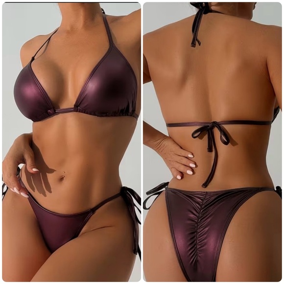 Pretty Woman Boutique Other - Chic Plum Halter Side Tie Scrunch Bikini Set